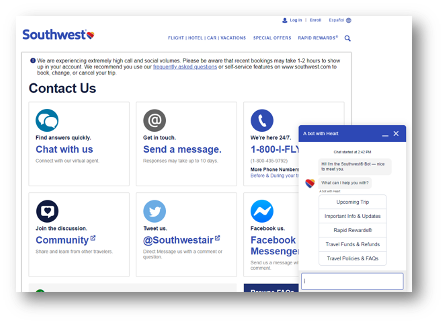 Chatbot on Southwest website