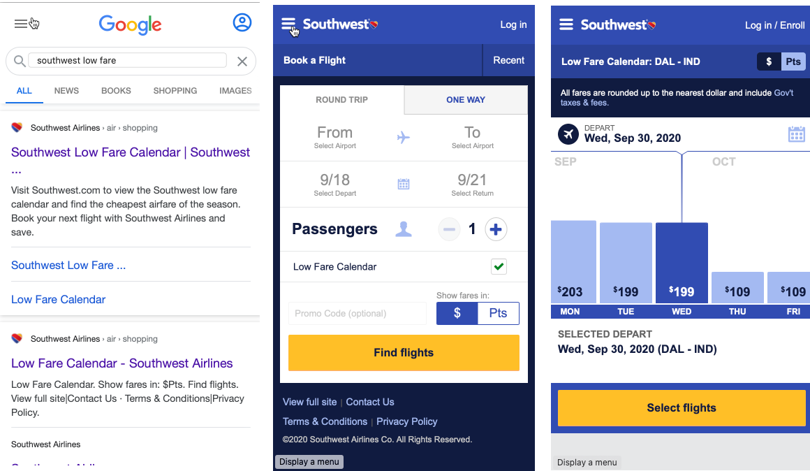Low Fare Calendar auto-populated